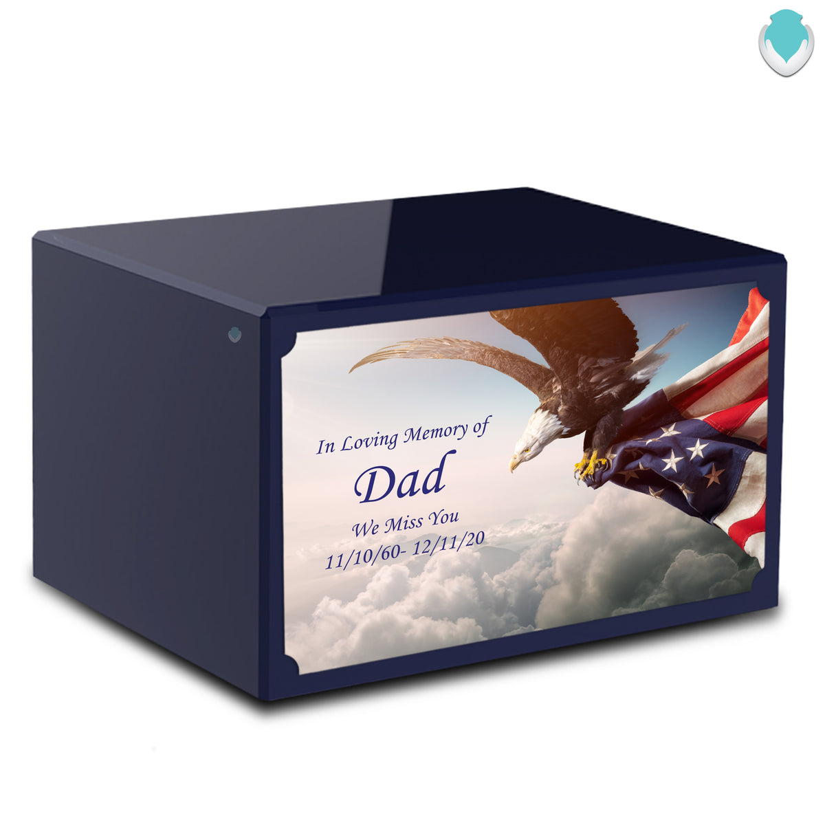 Custom Printed Heritage Navy Blue American Eagle Wood Box Cremation Urn