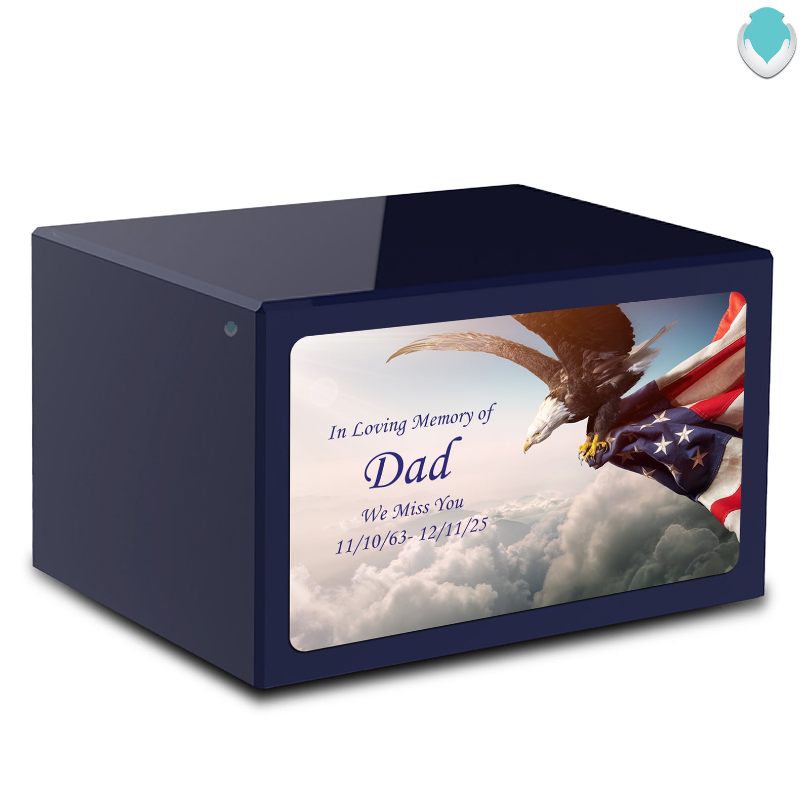 Custom Printed Heritage Navy Blue American Eagle Wood Box Cremation Urn