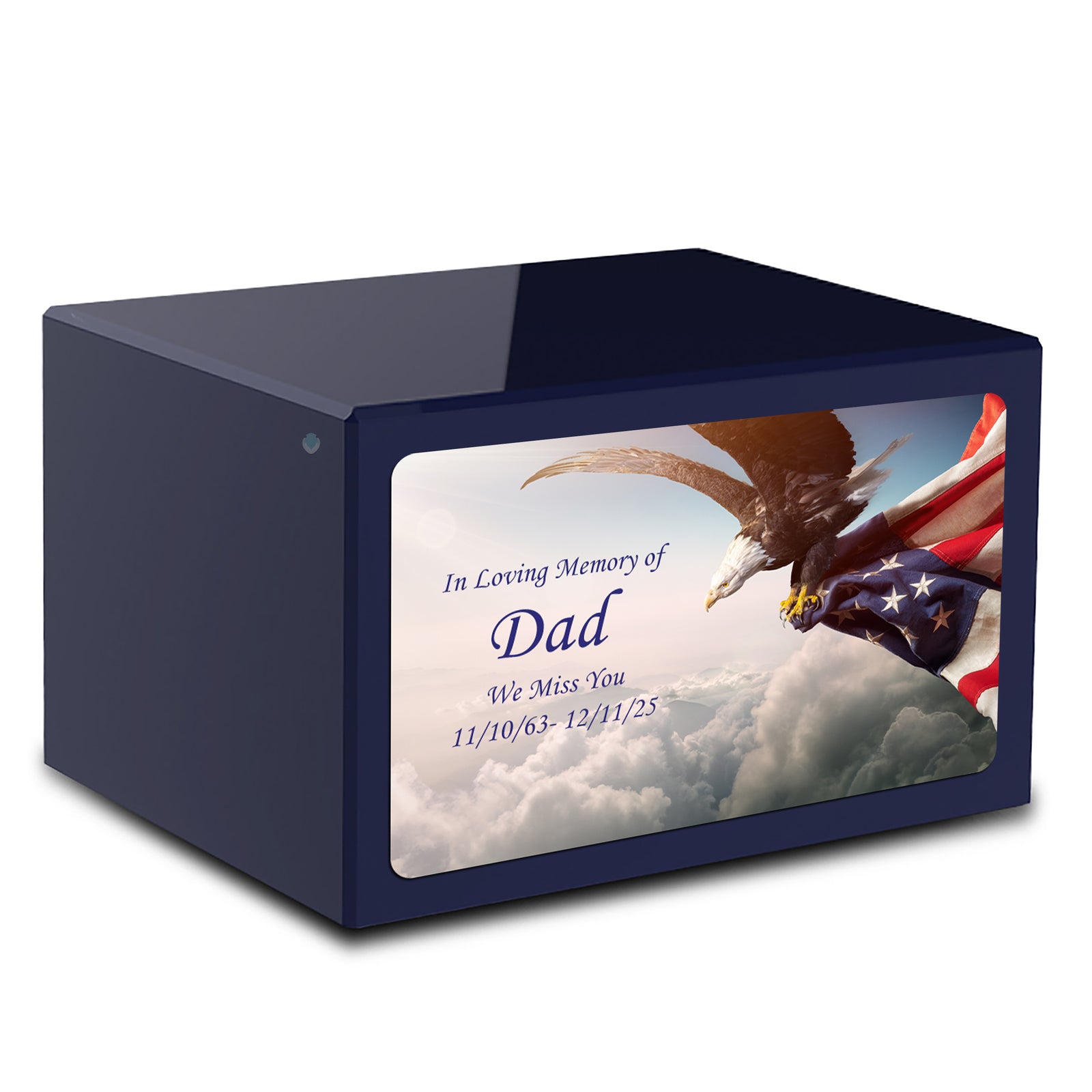 Custom Printed Heritage Navy Blue American Eagle Wood Box Cremation Urn