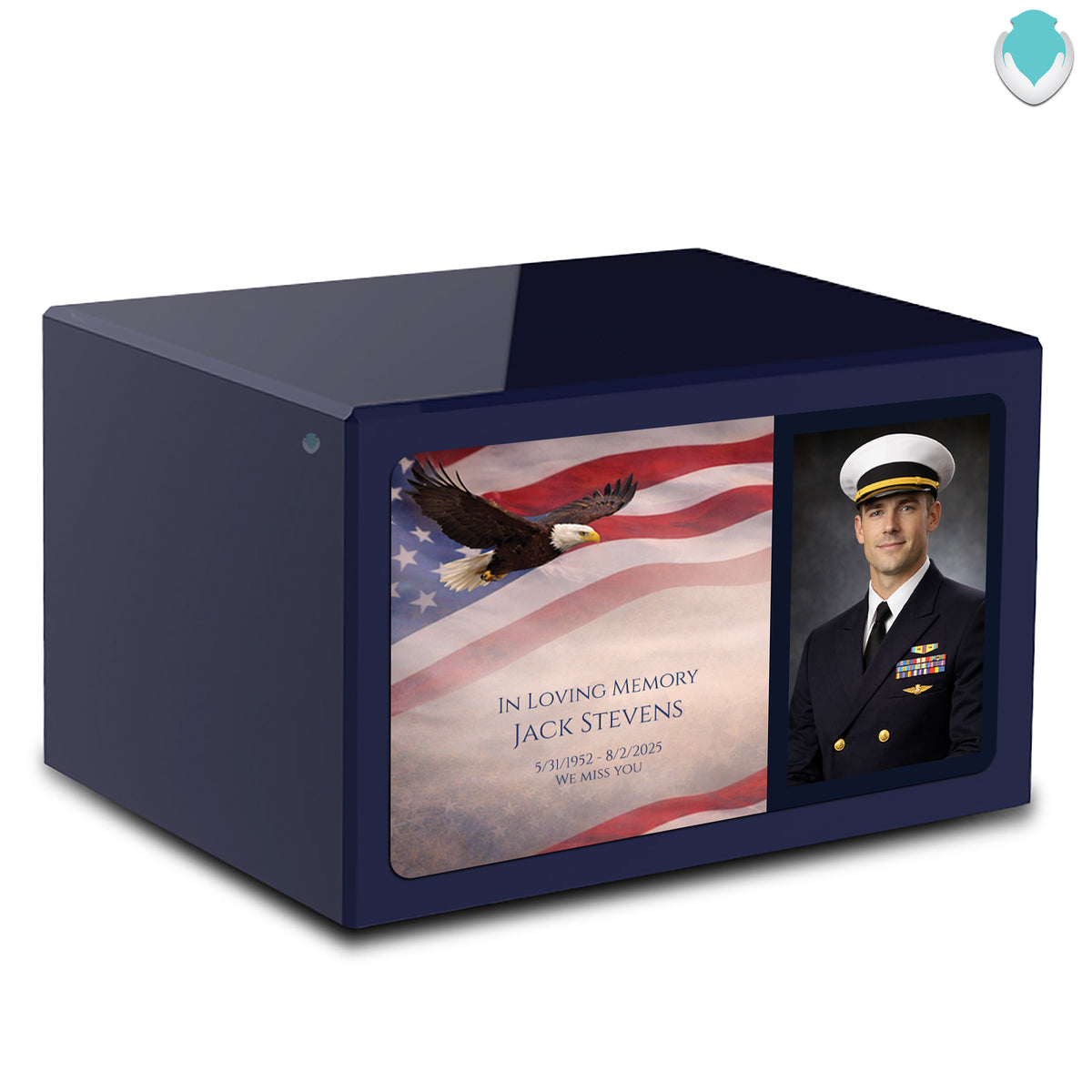 Custom Printed Heritage Navy Blue Photo American Glory Wood Box Cremation Urn