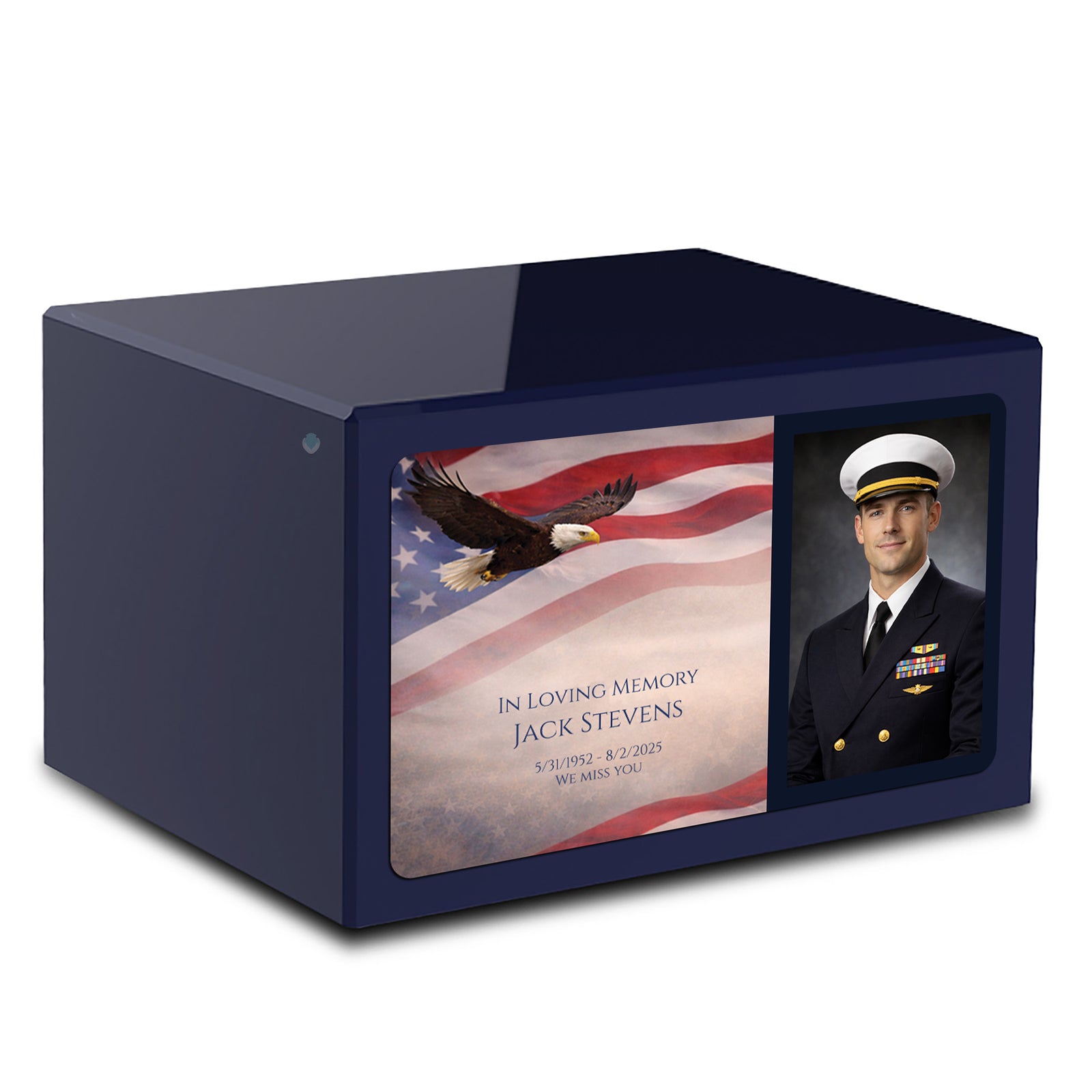 Custom Printed Heritage Navy Blue Photo American Glory Wood Box Cremation Urn