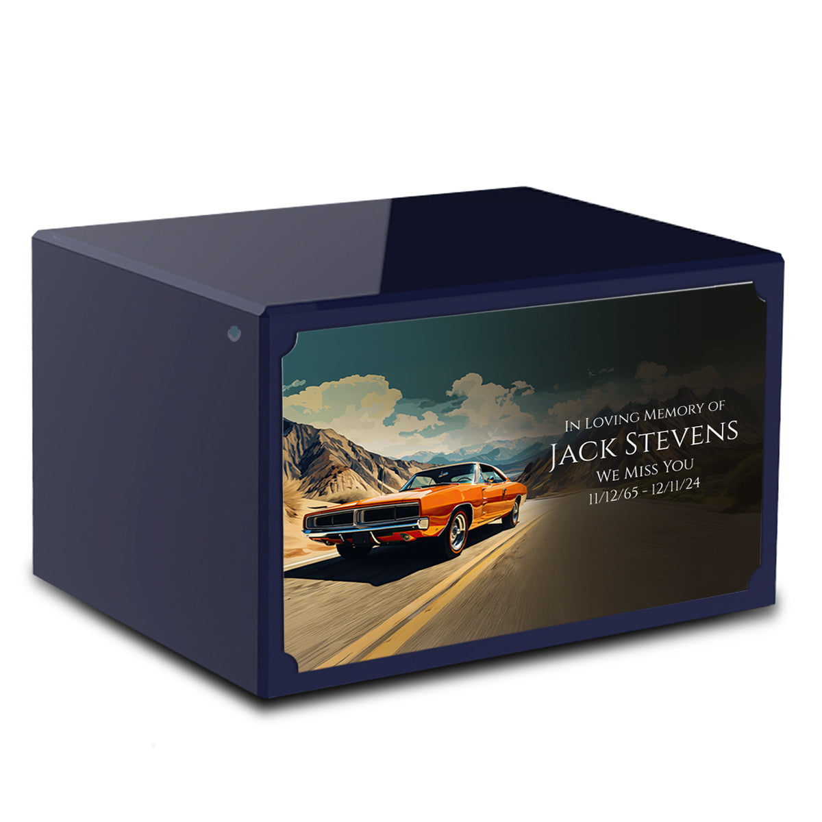 Custom Printed Heritage Navy Blue Classic Car Wood Box Cremation Urn