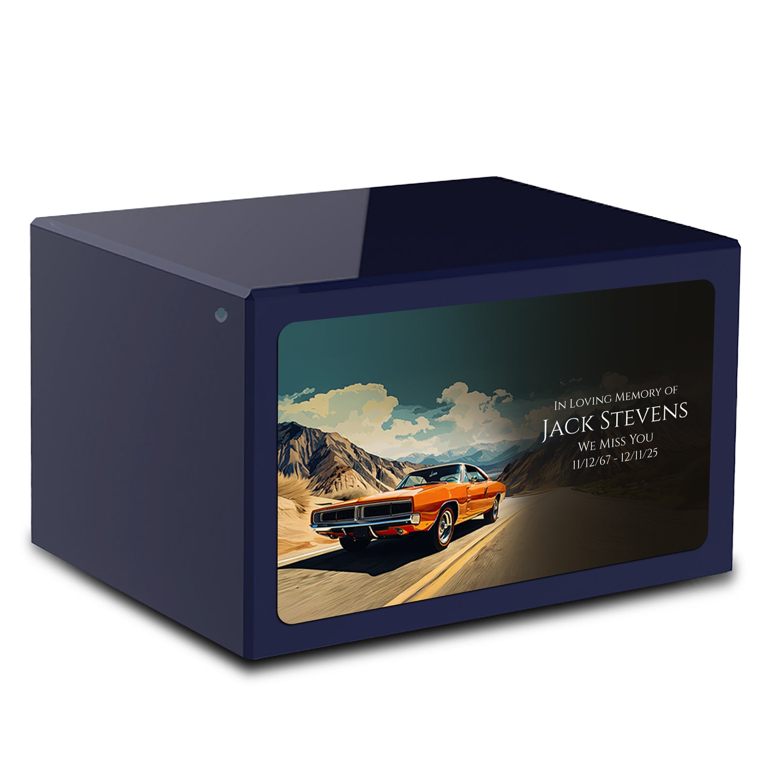 Custom Printed Heritage Navy Blue Classic Car Wood Box Cremation Urn