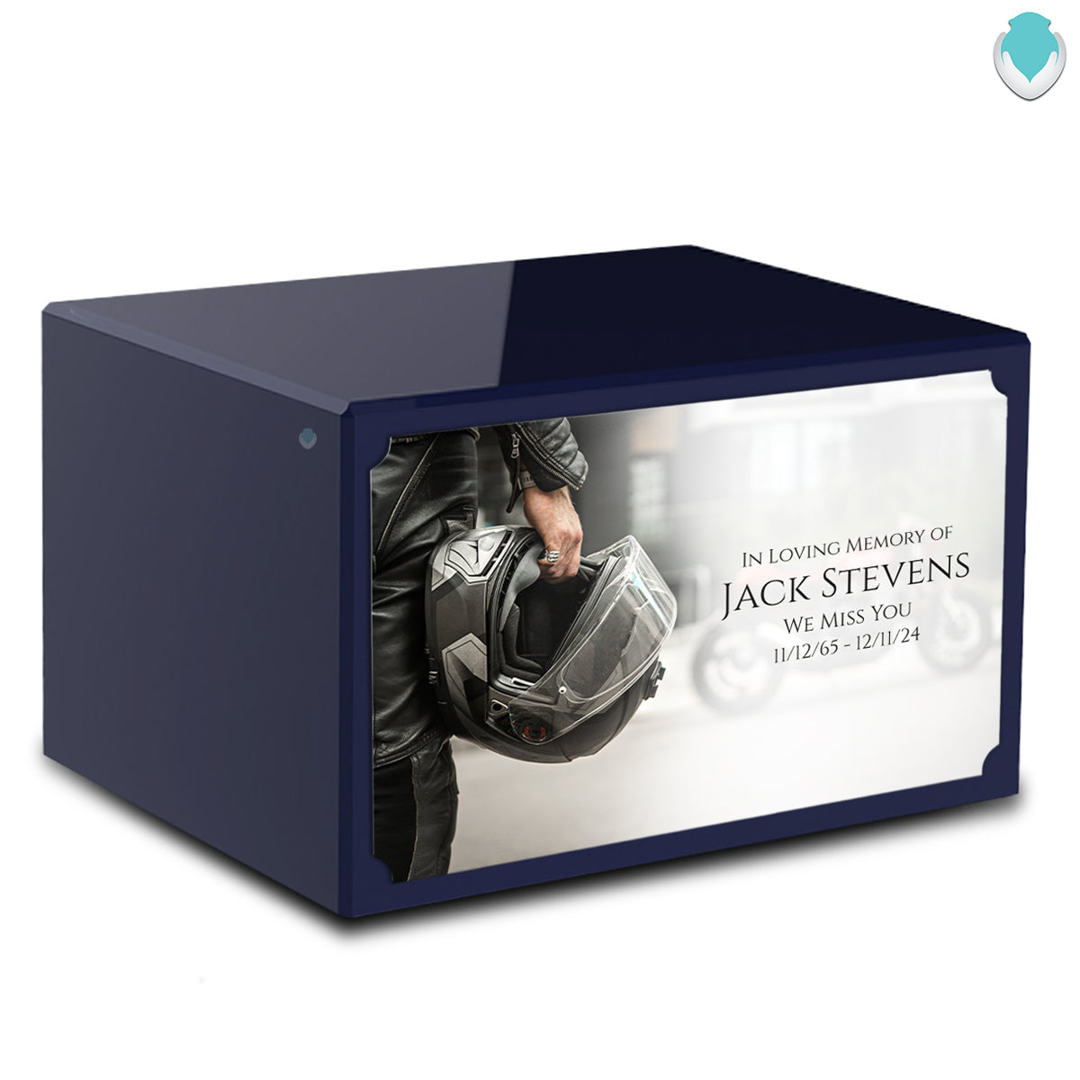 Custom Printed Heritage Navy Blue Motorcycle Helmet Wood Cremation Urn Box