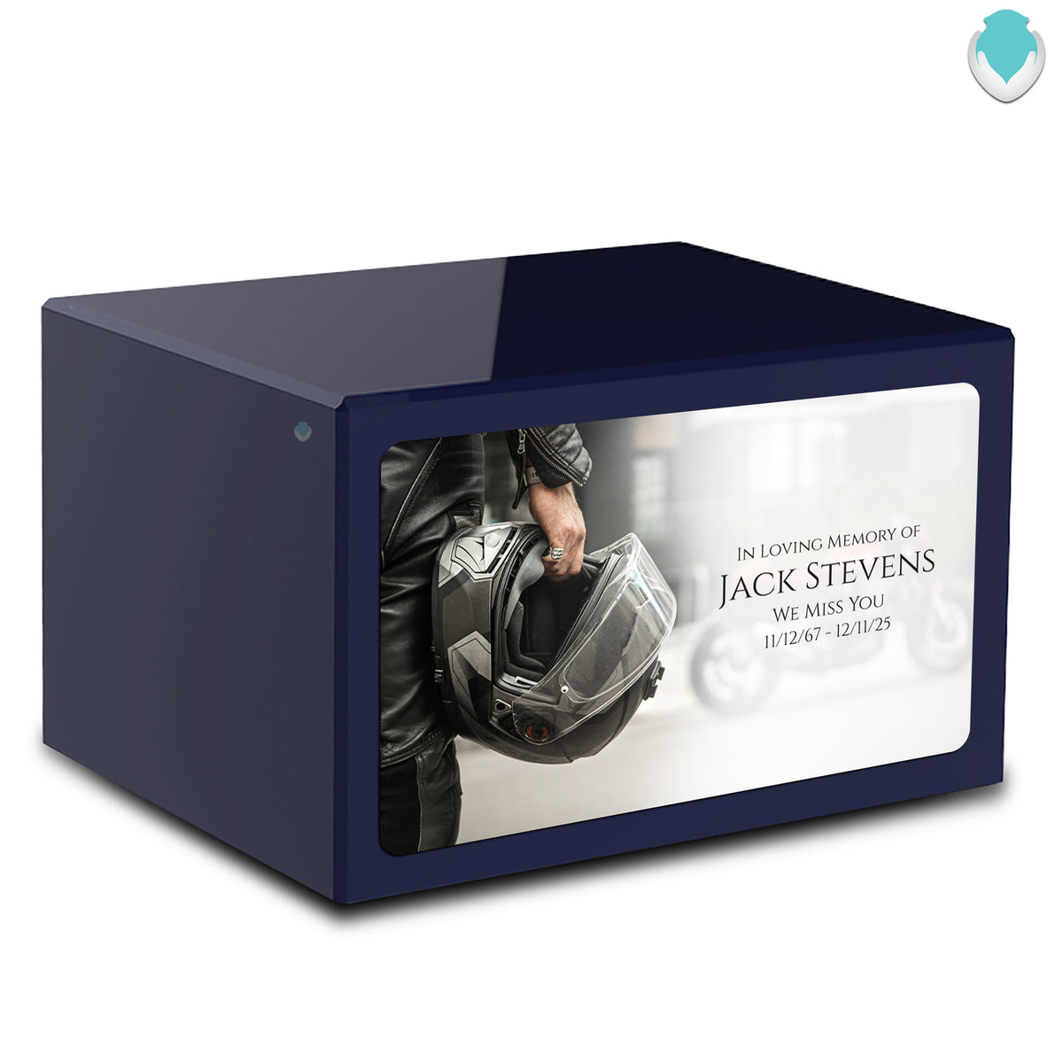Custom Printed Heritage Navy Blue Motorcycle Helmet Wood Cremation Urn Box
