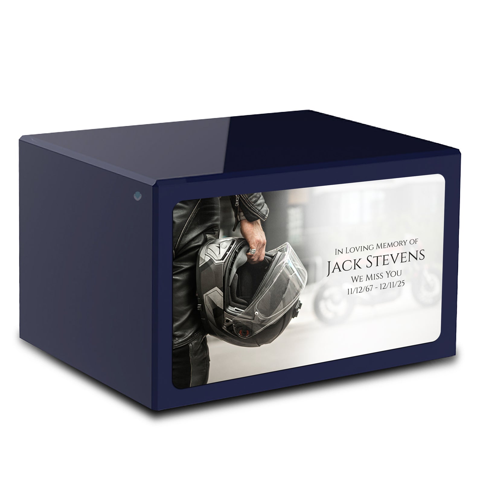 Custom Printed Heritage Navy Blue Motorcycle Helmet Wood Cremation Urn Box