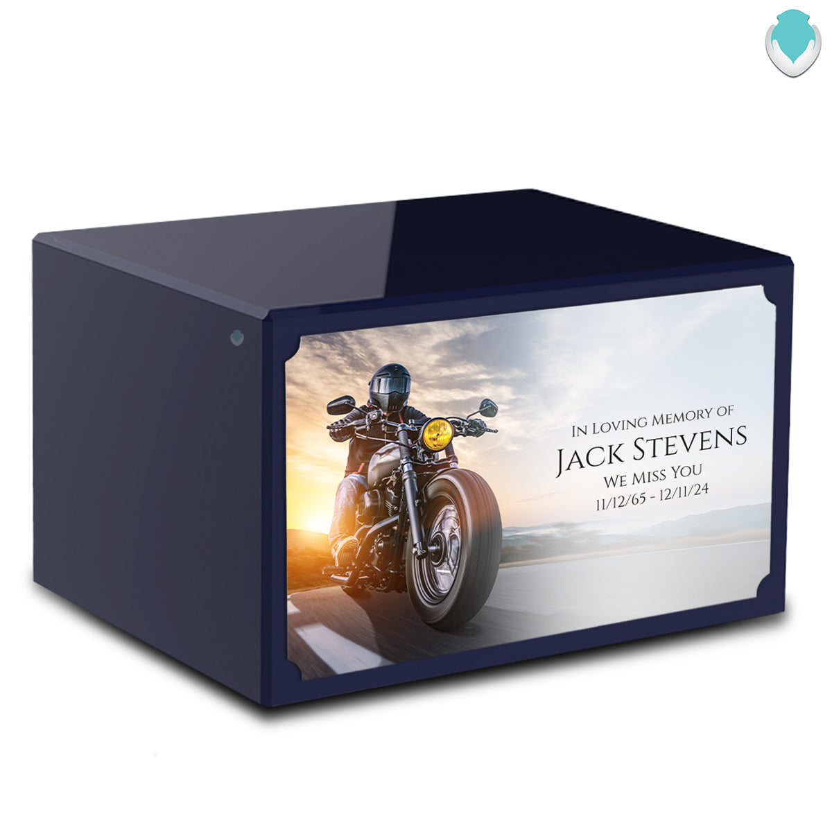Custom Printed Heritage Navy Blue Motorcycle Wood Box Cremation Urn
