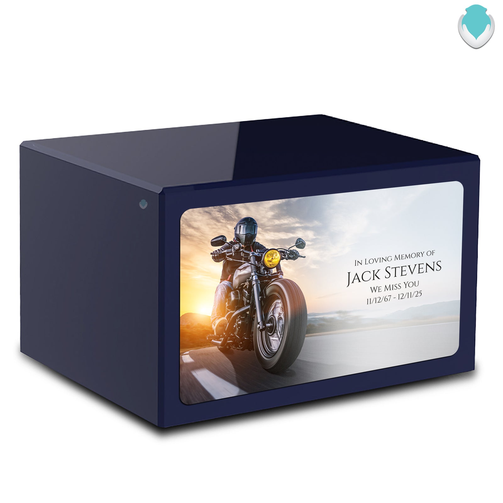 Custom Printed Heritage Navy Blue Motorcycle Wood Box Cremation Urn