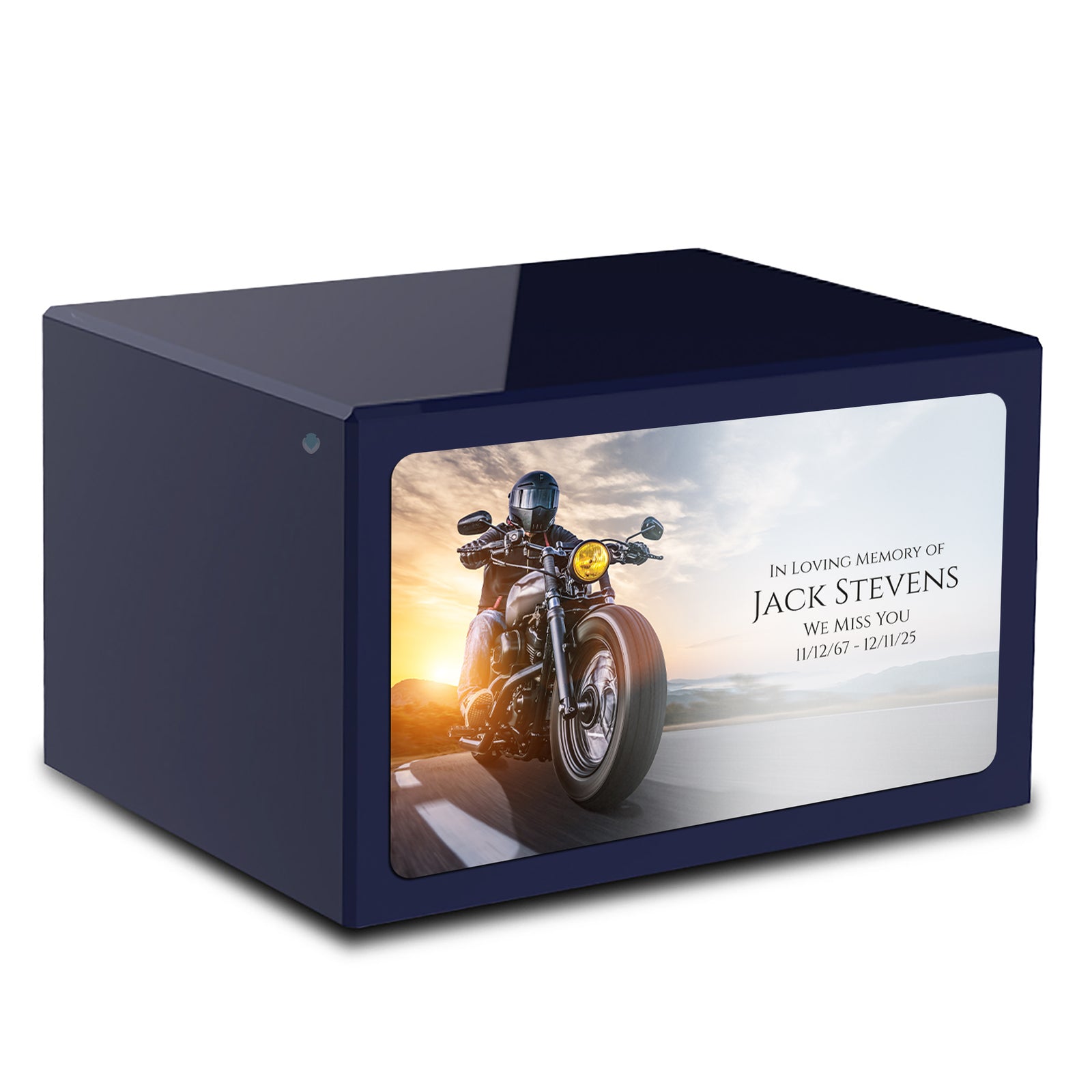 Custom Printed Heritage Navy Blue Motorcycle Wood Box Cremation Urn
