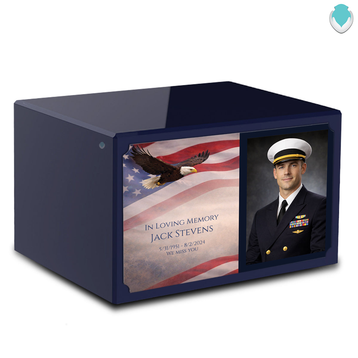 Custom Printed Heritage Navy Blue Photo American Glory Wood Box Cremation Urn