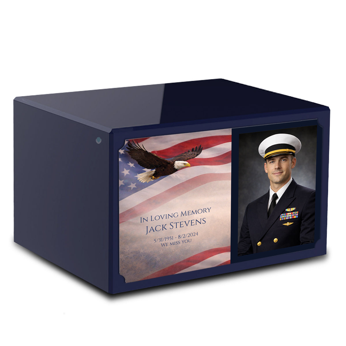 Custom Printed Heritage Navy Blue Photo American Glory Wood Box Cremation Urn