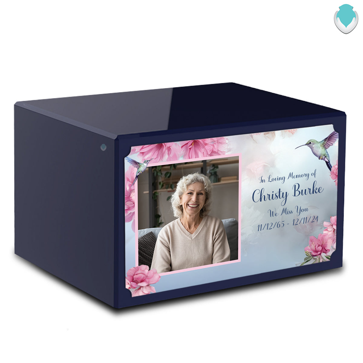 Custom Printed Heritage Navy Blue Photo Hummingbird Wood Cremation Urn Box