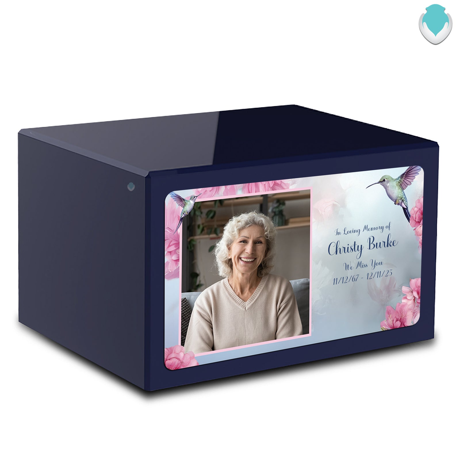 Custom Printed Heritage Navy Blue Photo Hummingbird Wood Cremation Urn Box