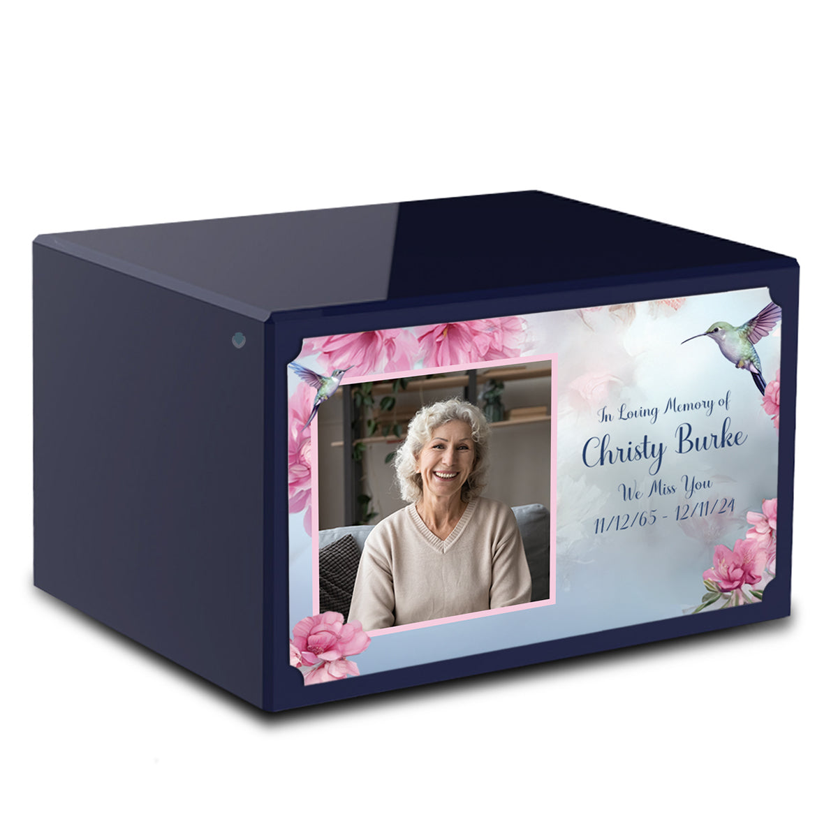 Custom Printed Heritage Navy Blue Photo Hummingbird Wood Cremation Urn Box