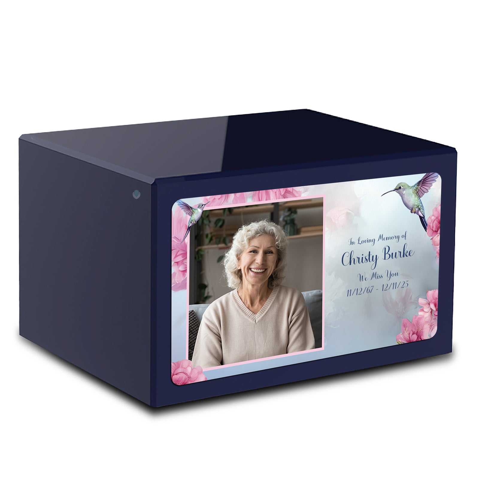 Custom Printed Heritage Navy Blue Photo Hummingbird Wood Cremation Urn Box