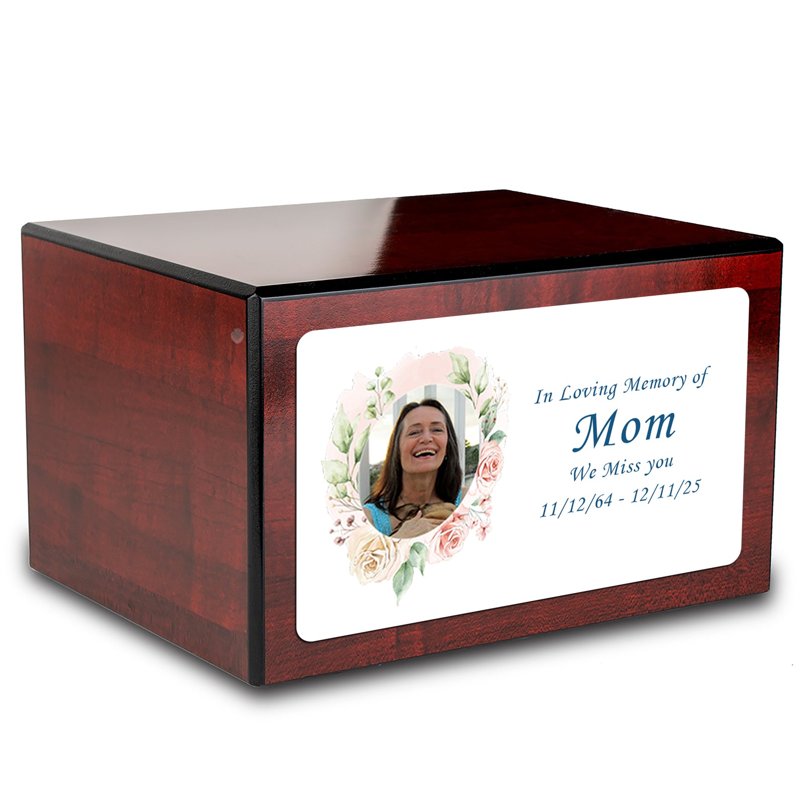 Custom Printed Heritage Cherry Photo Frame Wood Box Cremation Urn