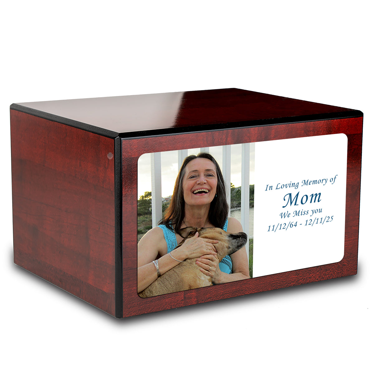 Custom Printed Heritage Cherry Photo Wood Box Cremation Urn