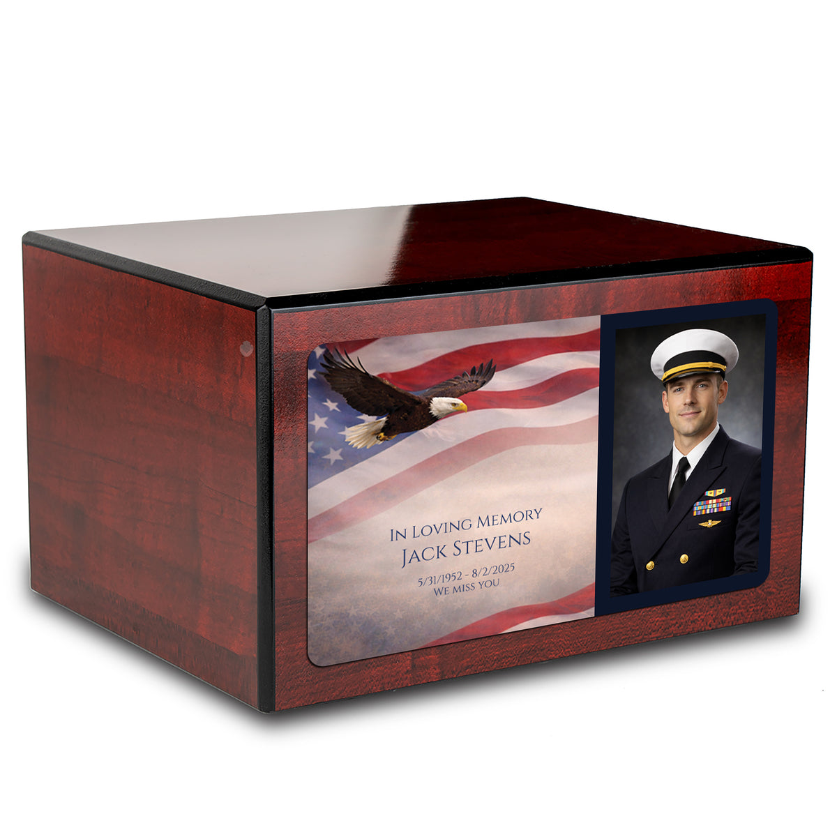 Custom Printed Heritage Cherry Photo American Glory Wood Box Cremation Urn
