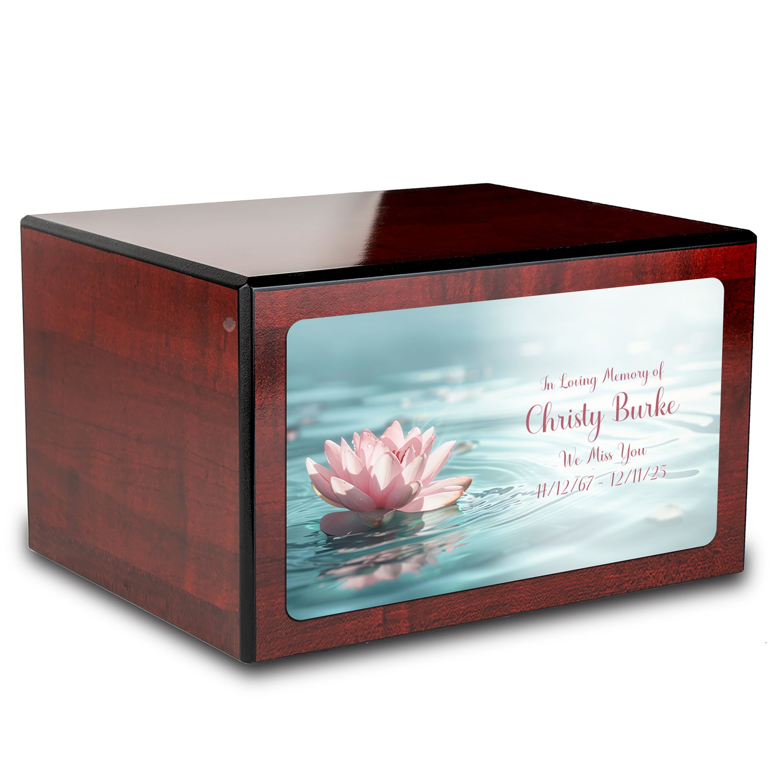 Custom Printed Heritage Cherry Lotus Flower Wood Box Cremation Urn