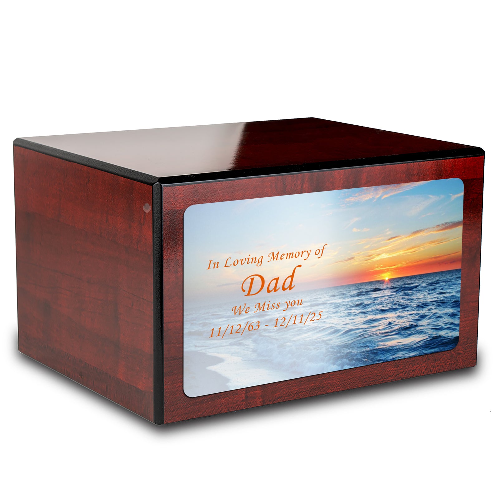 Custom Printed Heritage Cherry Ocean Sunset Wood Box Cremation Urn