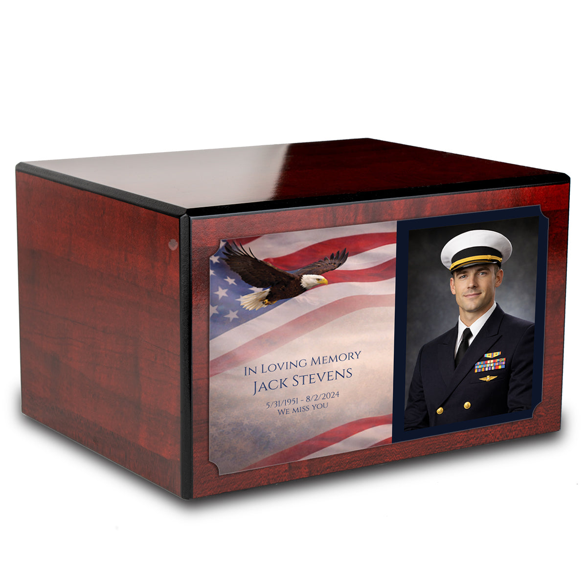 Custom Printed Heritage Cherry Photo American Glory Wood Box Cremation Urn