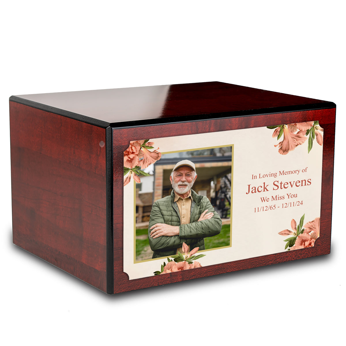 Custom Printed Heritage Cherry Azalea Flower Wood Box Cremation Urn