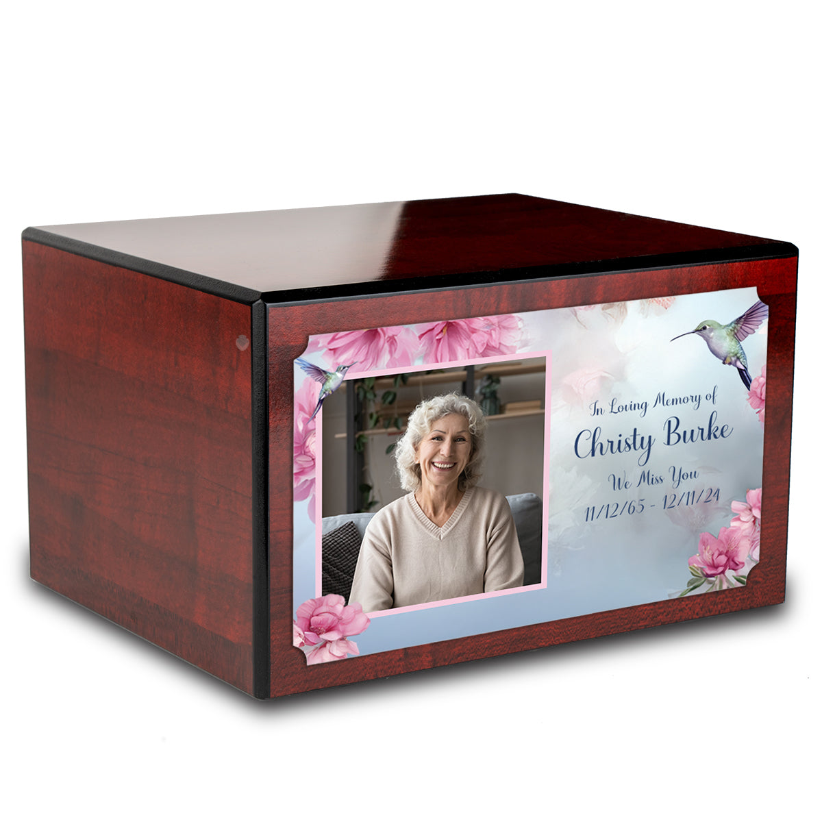 Custom Printed Heritage Cherry Photo Hummingbird Wood Box Cremation Urn