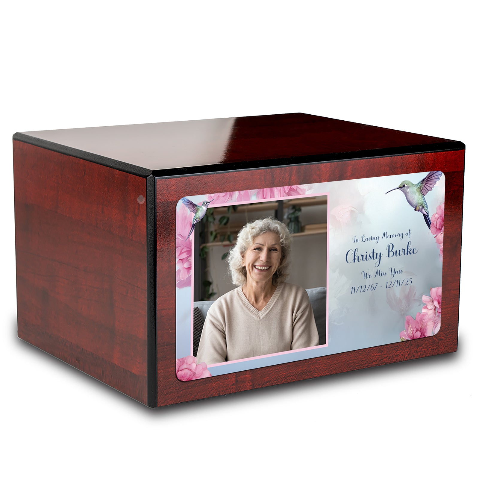Custom Printed Heritage Cherry Photo Hummingbird Wood Box Cremation Urn