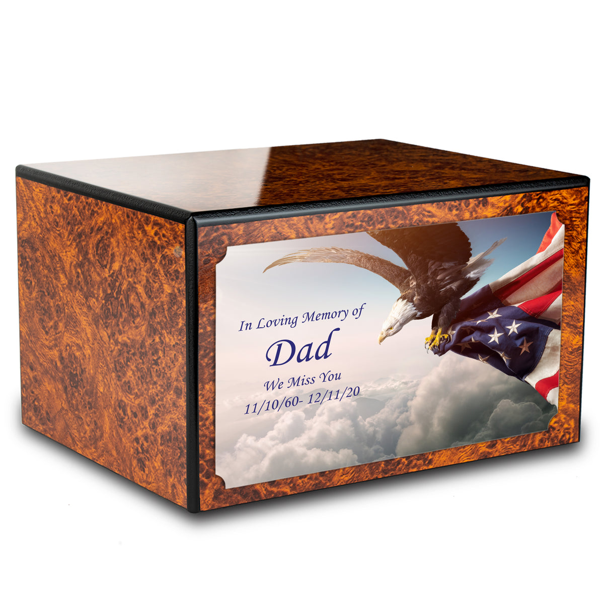 Custom Printed Heritage Burl American Eagle Wood Box Cremation Urn