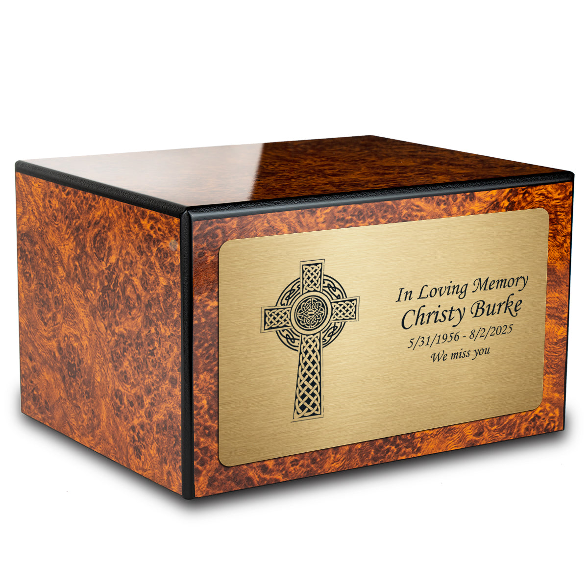 Custom Engraved Heritage Burl Adult Cremation Urn Memorial Box for Ashes