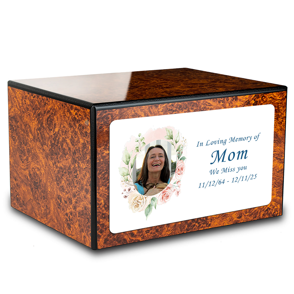 Custom Printed Heritage Burl Photo Frame Wood Box Cremation Urn