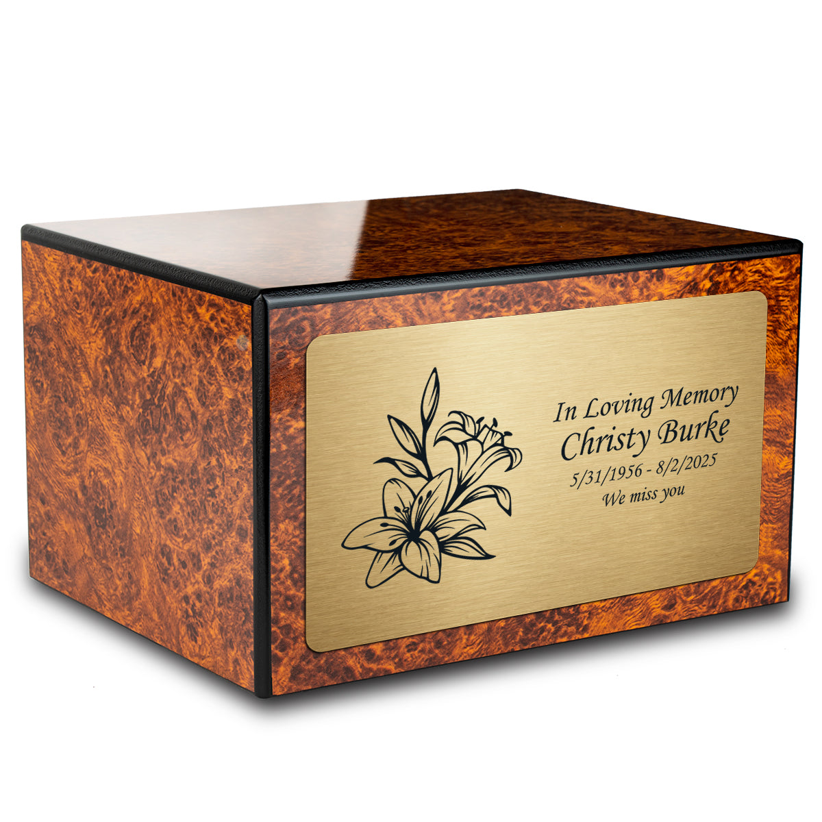 Custom Engraved Heritage Burl Adult Cremation Urn Memorial Box for Ashes
