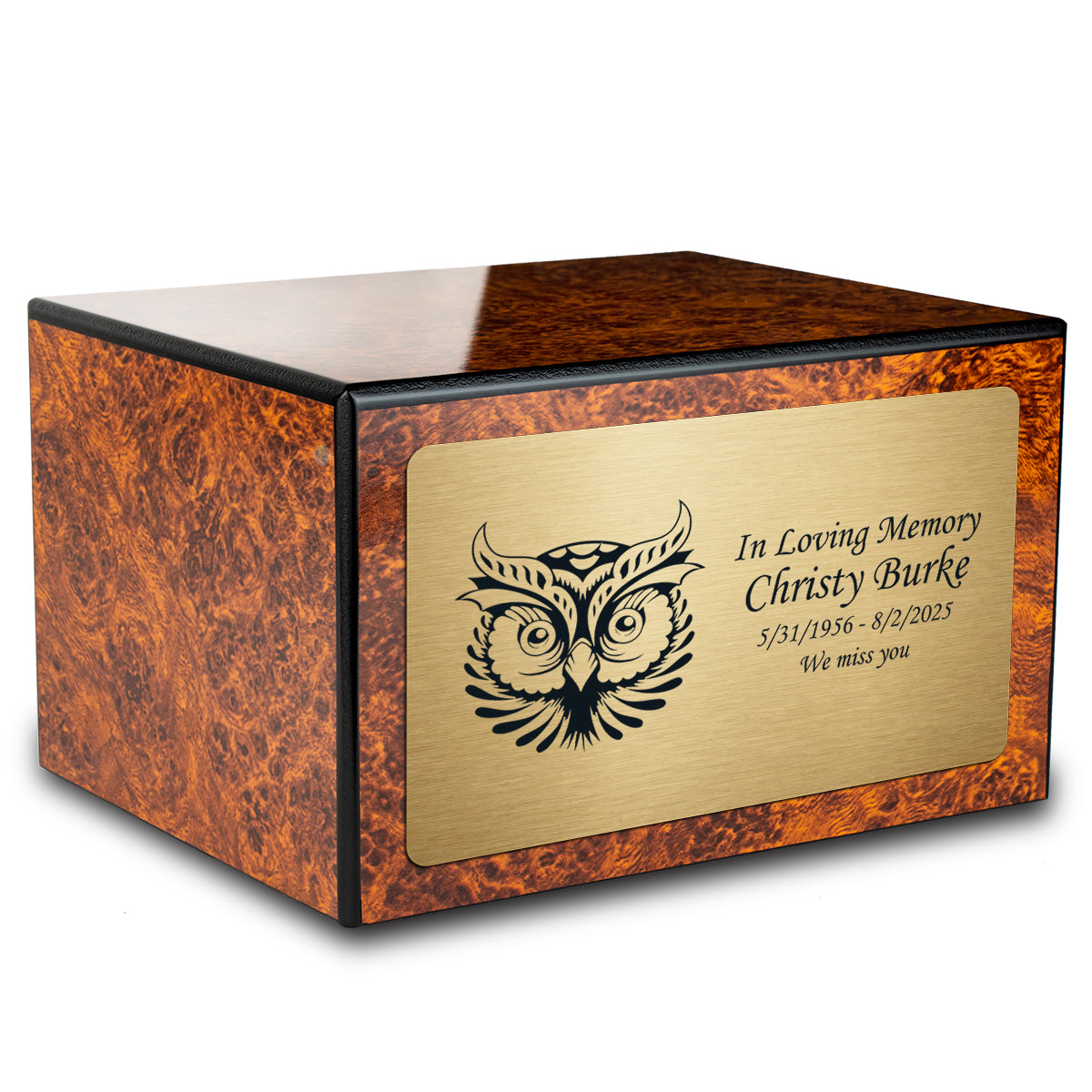 Custom Engraved Heritage Burl Adult Cremation Urn Memorial Box for Ashes