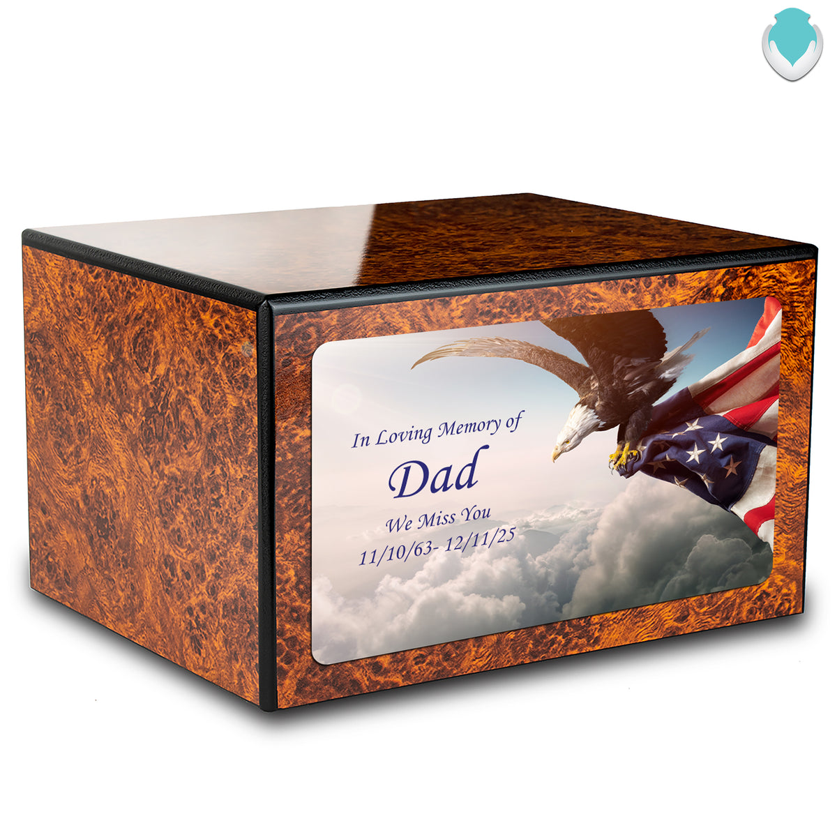 Custom Printed Heritage Burl American Eagle Wood Box Cremation Urn