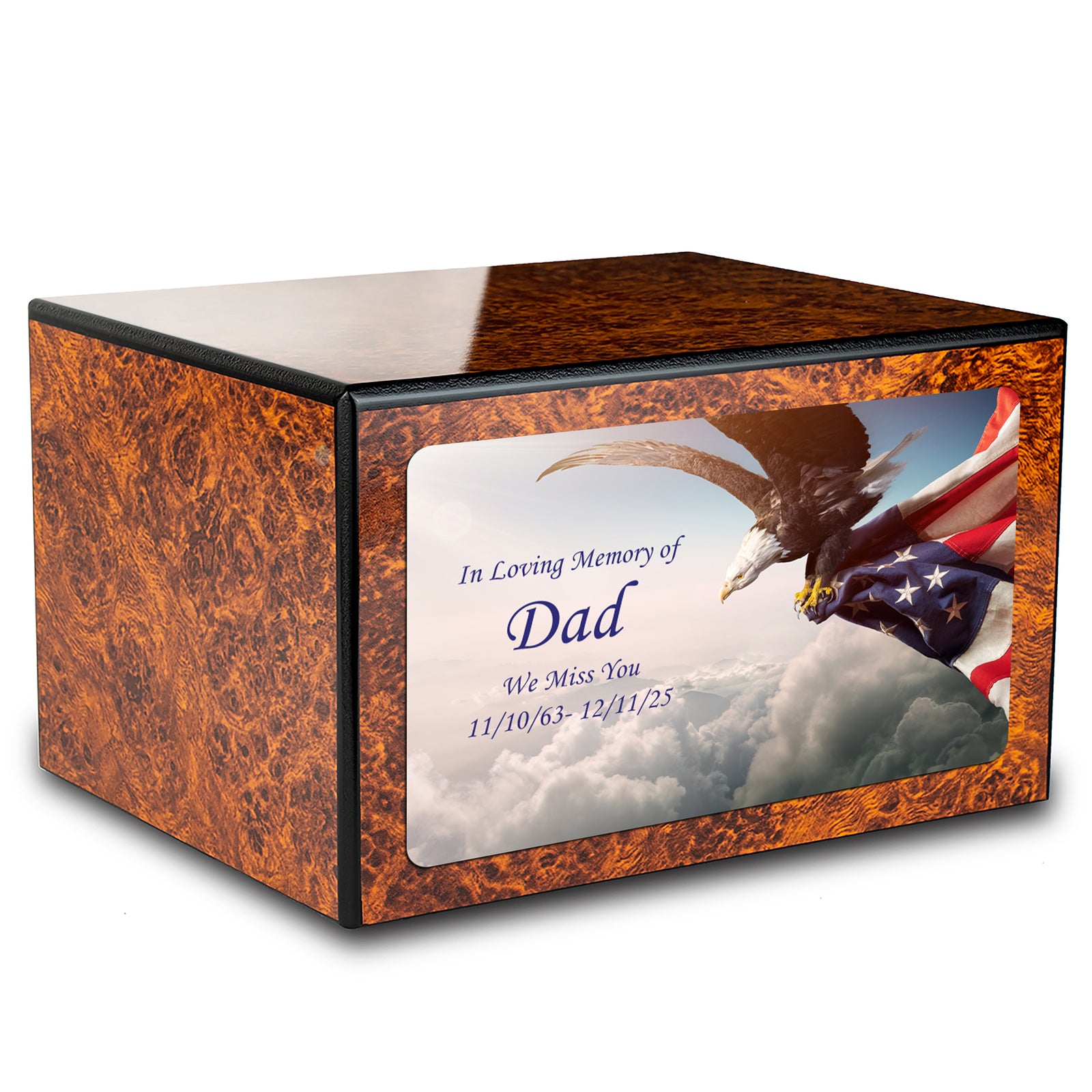Custom Printed Heritage Burl American Eagle Wood Box Cremation Urn