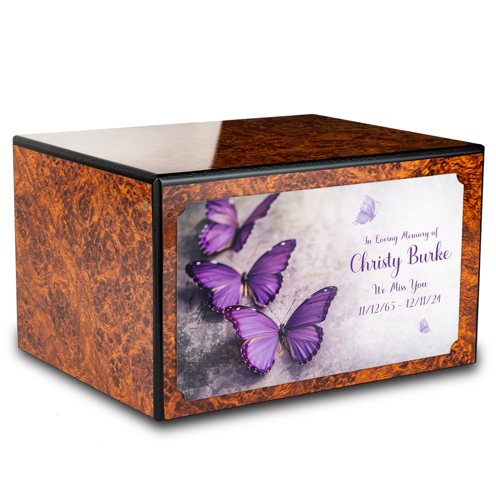 Custom Printed Heritage Burl Butterflies Wood Box Cremation Urn