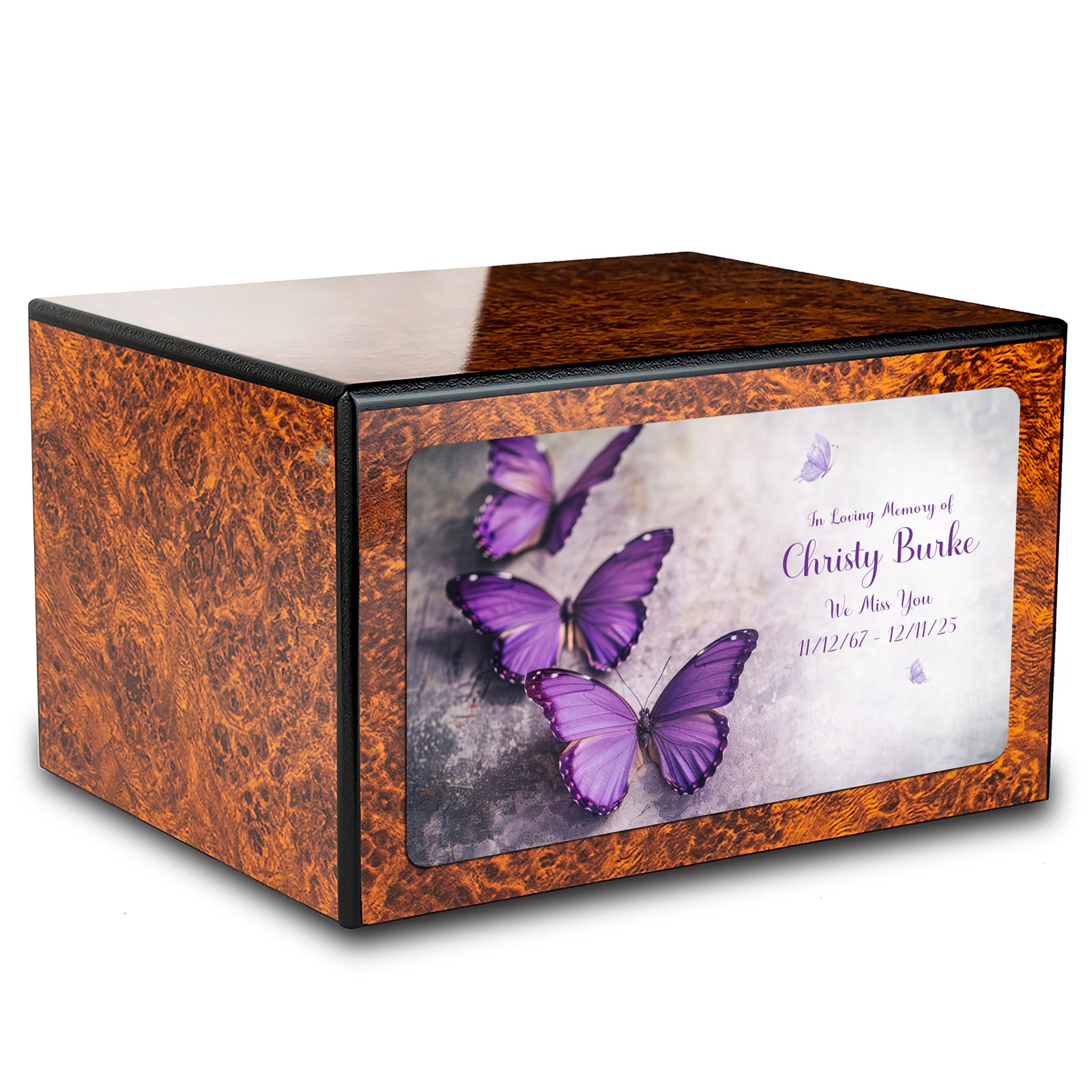 Custom Printed Heritage Burl Butterflies Wood Box Cremation Urn