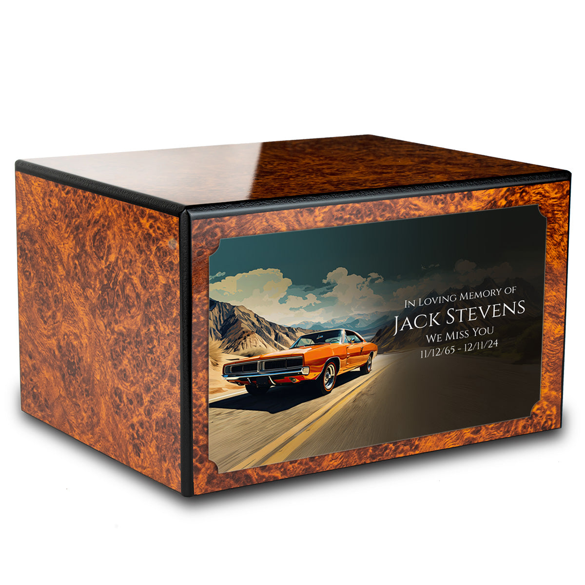 Custom Printed Heritage Burl Classic Car Wood Box Cremation Urn