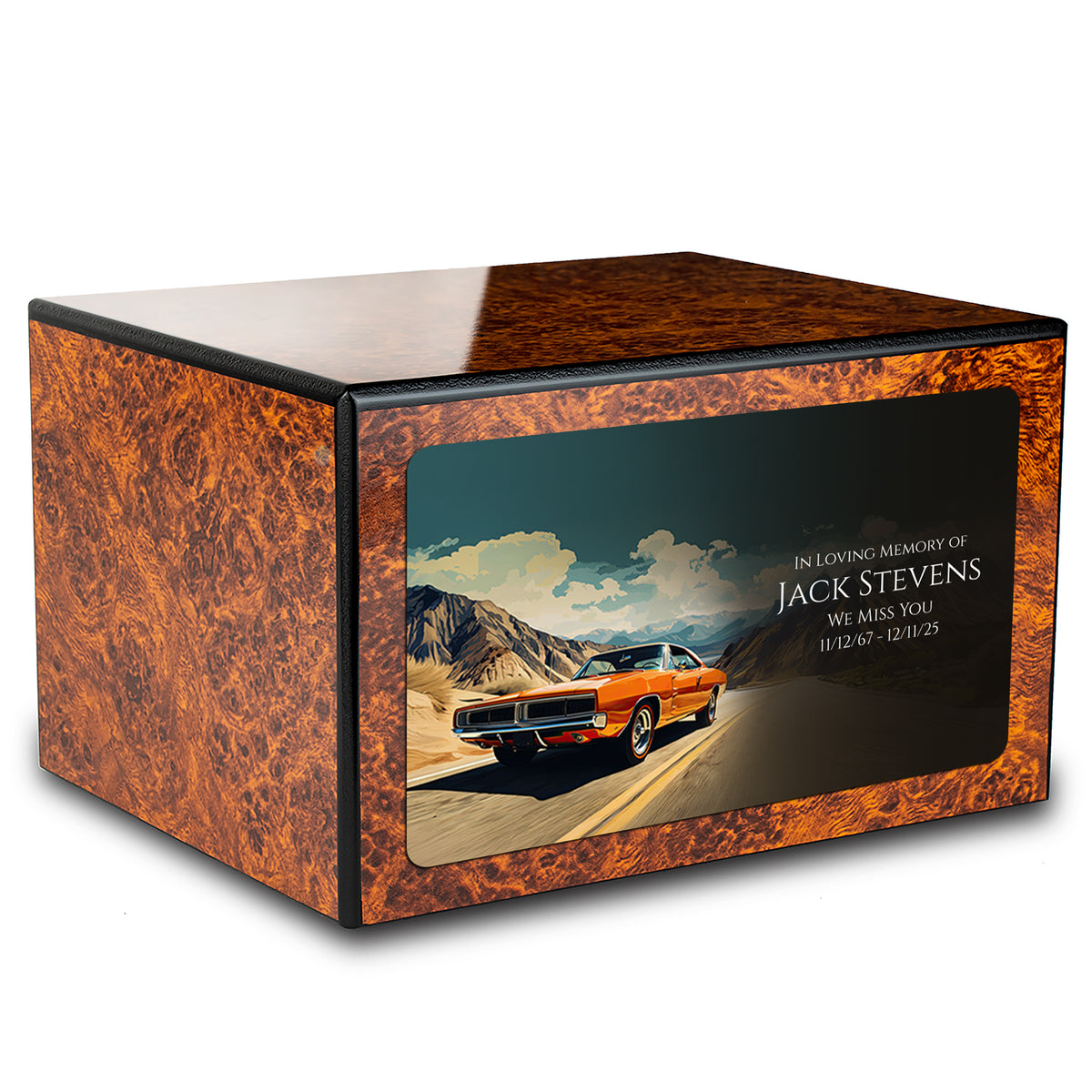 Custom Printed Heritage Burl Classic Car Wood Box Cremation Urn