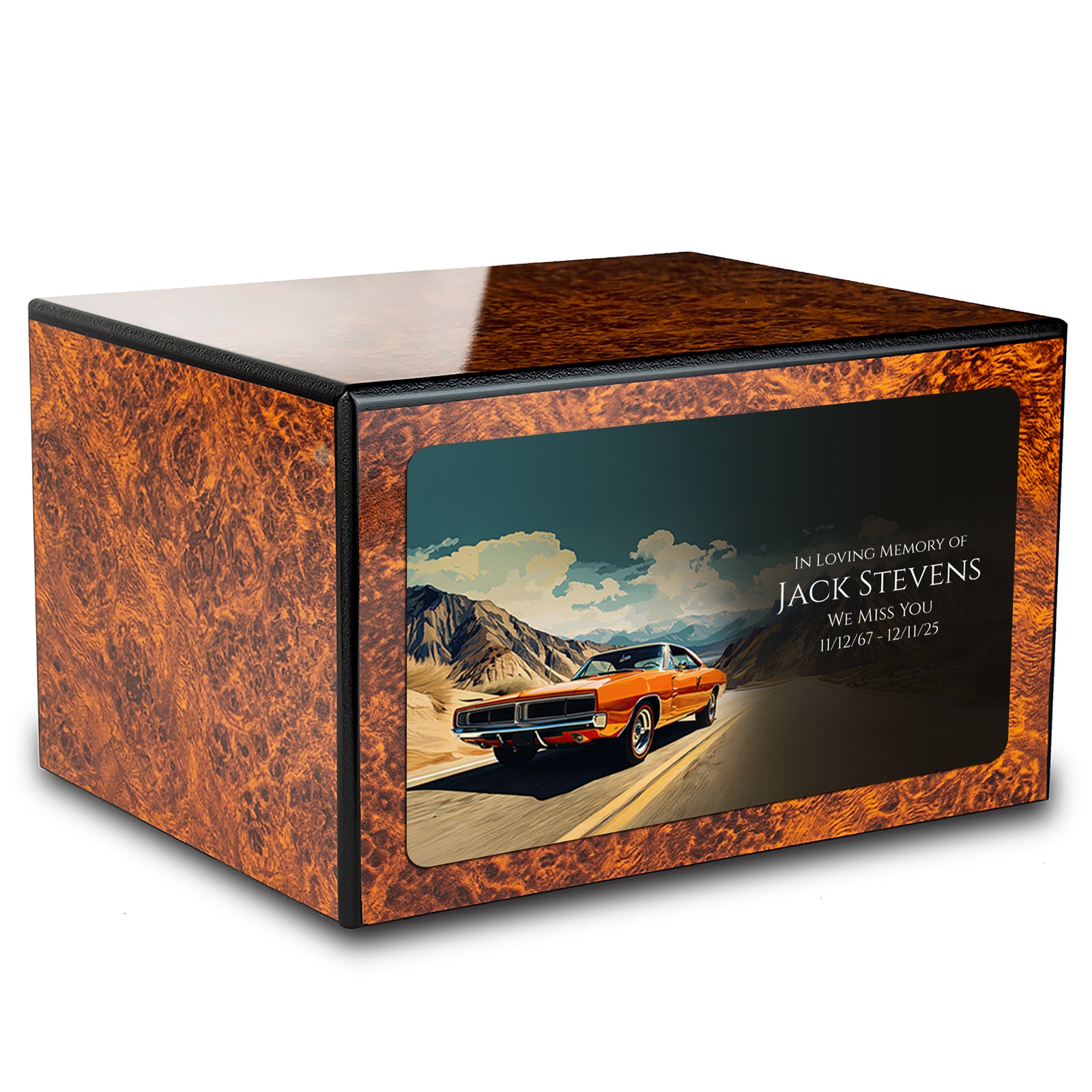 Custom Printed Heritage Burl Classic Car Wood Box Cremation Urn