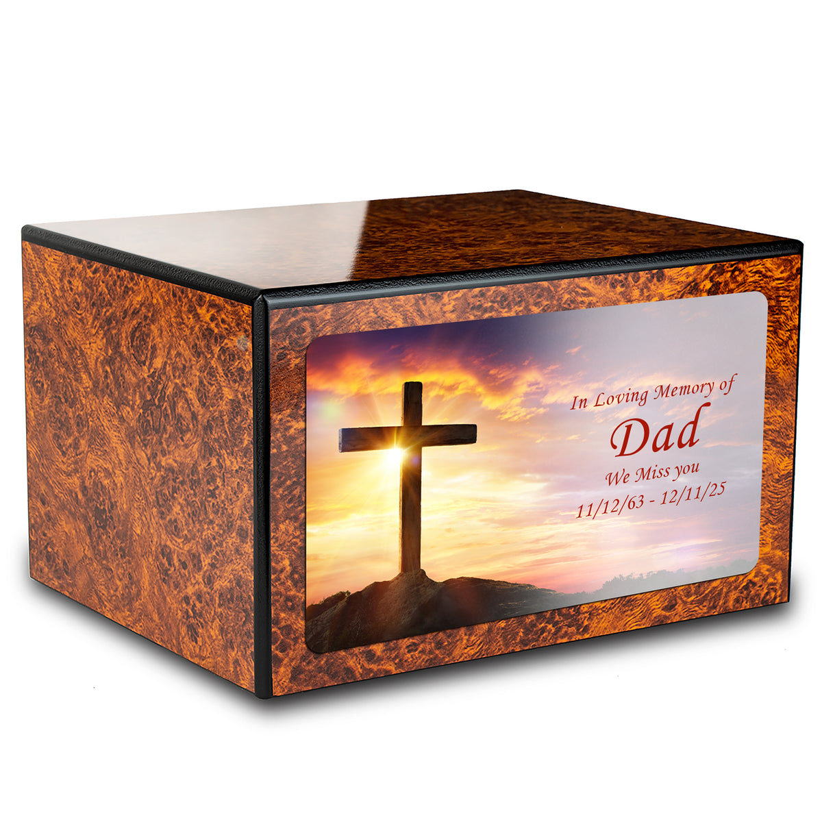 Custom Printed Heritage Burl Cross Wood Box Cremation Urn