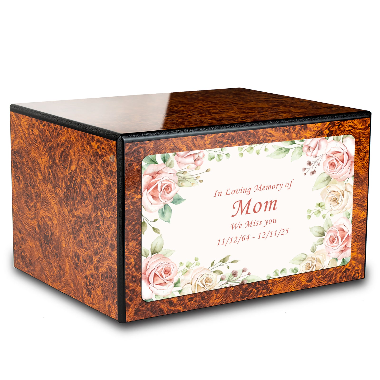 Custom Printed Heritage Burl Flower Frame Wood Box Cremation Urn