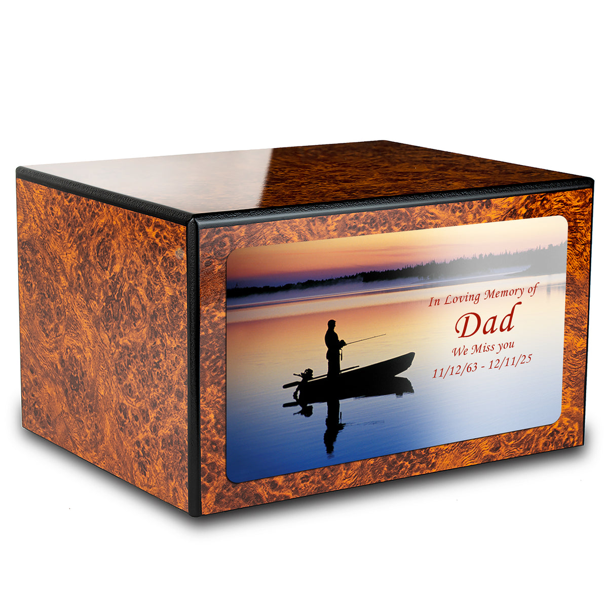 Custom Printed Heritage Burl Fishing Wood Box Cremation Urn