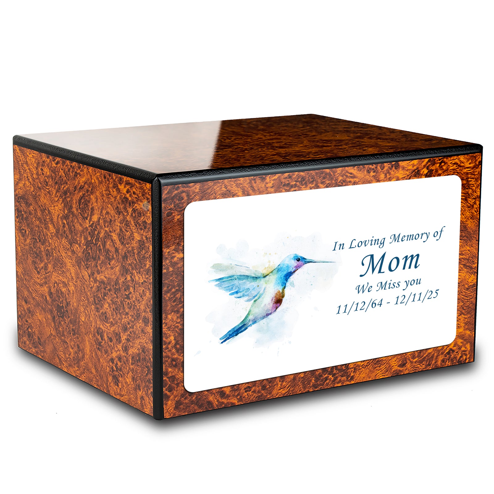 Custom Printed Heritage Burl Hummingbird Wood Box Cremation Urn