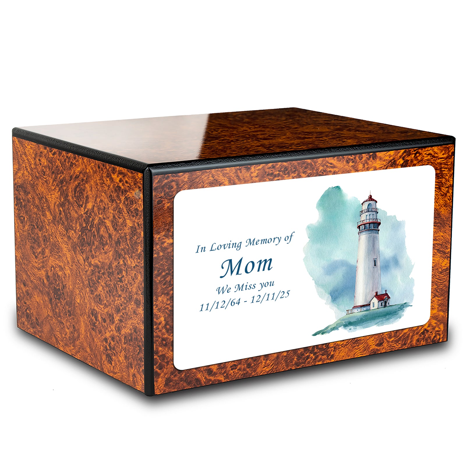 Custom Printed Heritage Burl Lighthouse Wood Box Cremation Urn