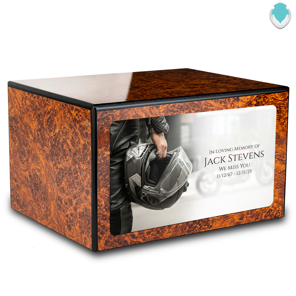 Custom Printed Heritage Burl Motorcycle Helmet Wood Box Cremation Urn