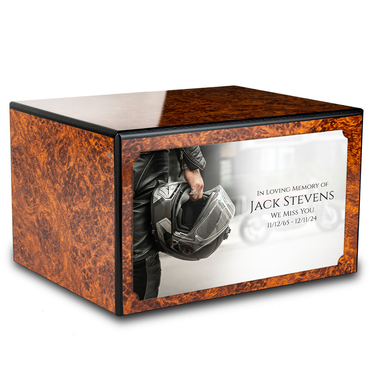 Custom Printed Heritage Burl Motorcycle Helmet Wood Box Cremation Urn