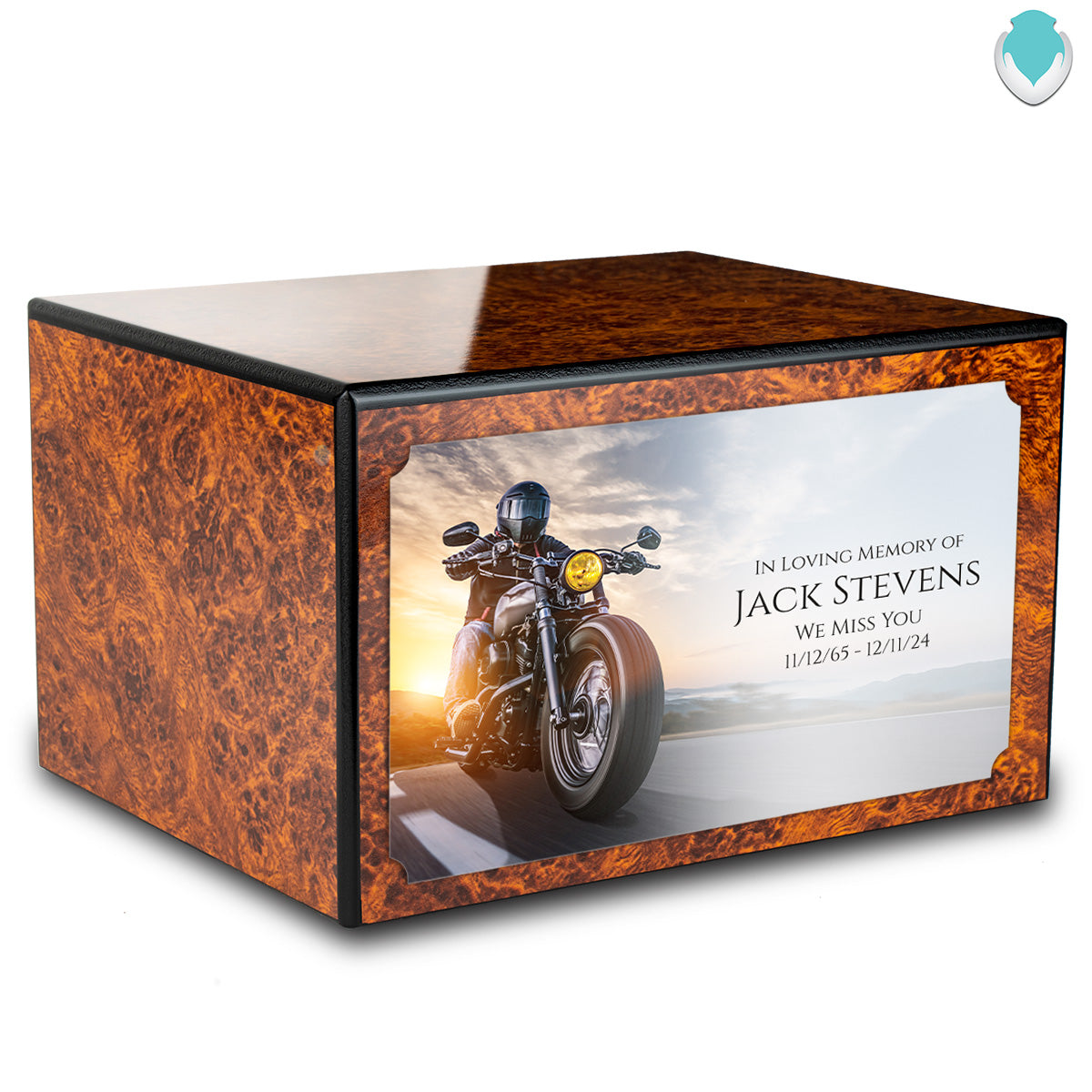 Custom Printed Heritage Burl Motorcycle Wood Box Cremation Urn