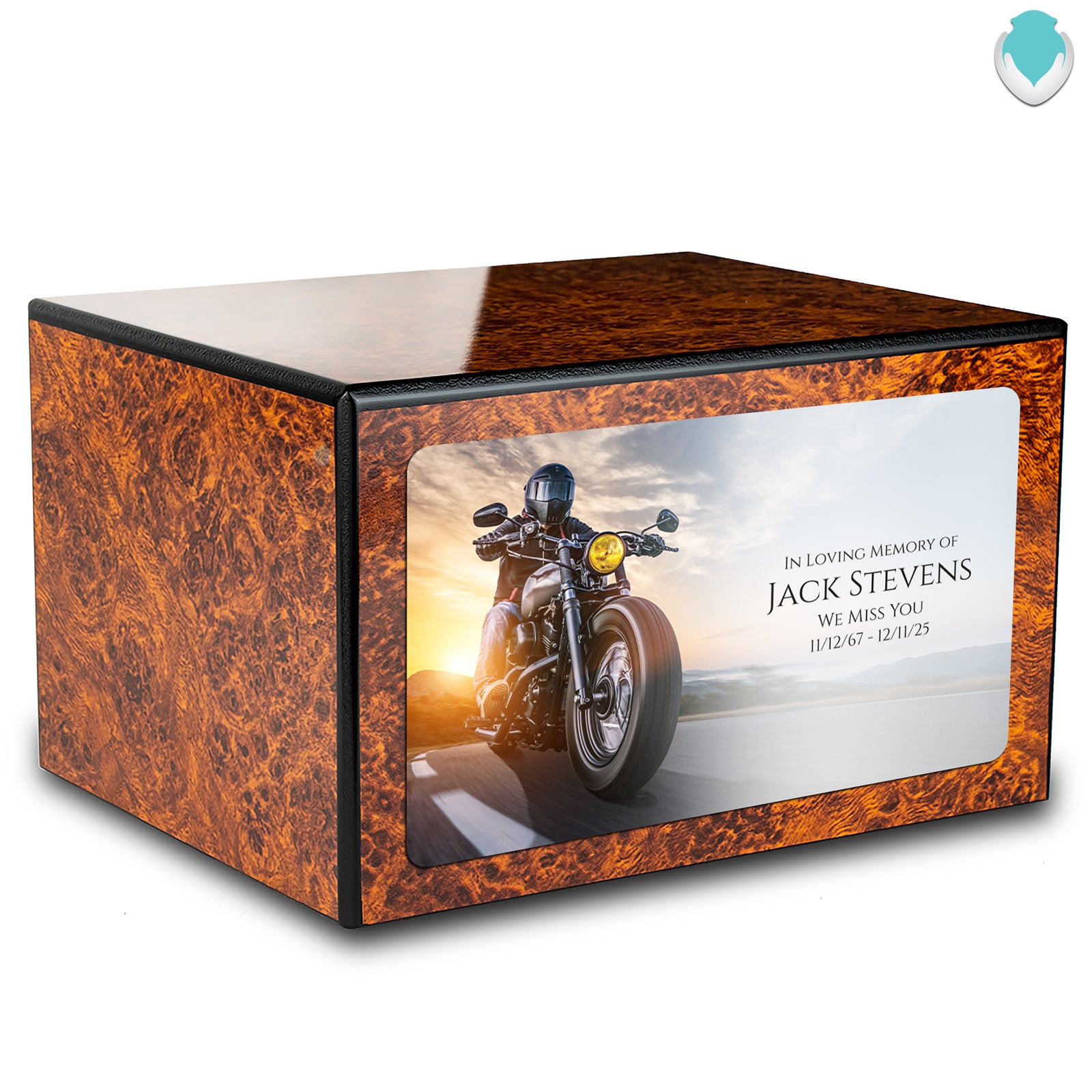 Custom Printed Heritage Burl Motorcycle Wood Box Cremation Urn