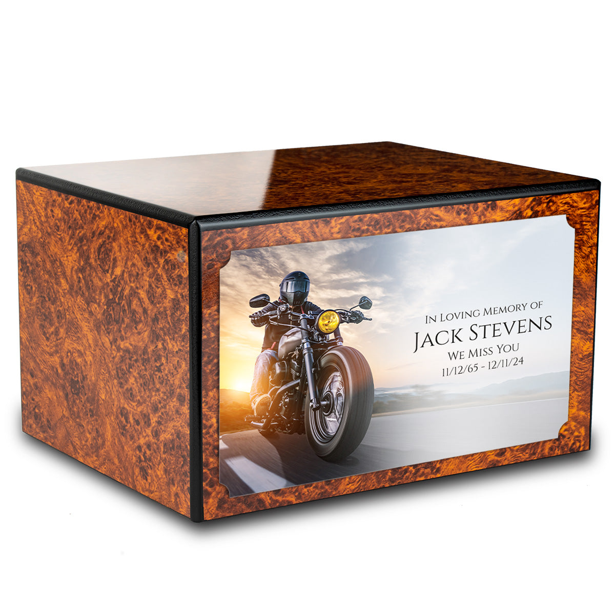 Custom Printed Heritage Burl Motorcycle Wood Box Cremation Urn